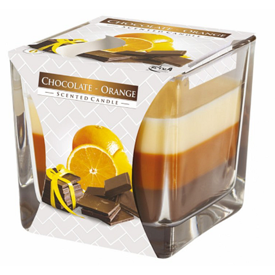 Emocio Chocolate & Orange - Czekolada i pomarańcz trójkolorowa świeca zapachowa szkło 80 x 80 mm, czas palenia do 32 godzin