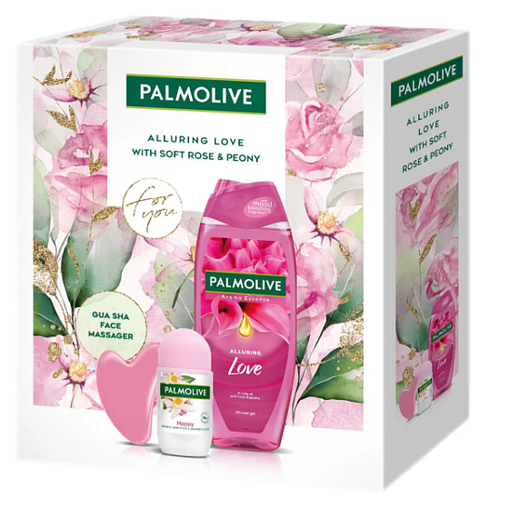 Palmolive Alluring Love Soft Rose & Peony żel pod prysznic 500 ml + Happy roll-on antyperspirant 50 ml + masażer Gua sha do twarzy, kosmetyczny zestaw dla kobiet