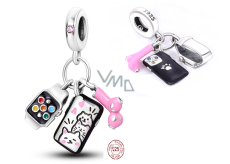 Zawieszka ze srebra próby 925 Telefon, słuchawki i smartwatch 3w1, charms do bransoletki z motywem