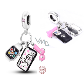 Zawieszka ze srebra próby 925 Telefon, słuchawki i smartwatch 3w1, charms do bransoletki z motywem