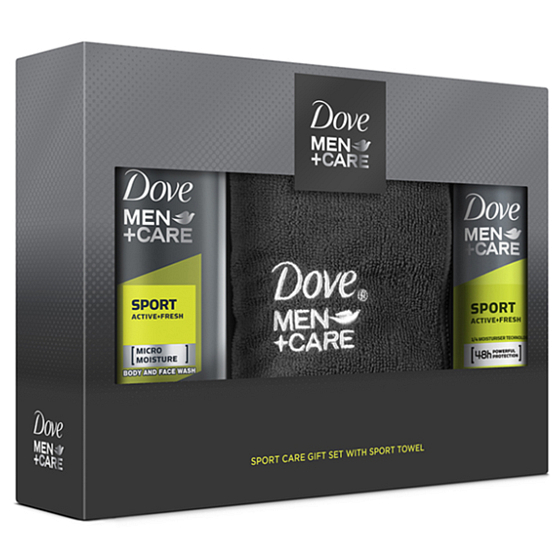 Dove Men + Care Sport Active + Fresh sprchový gel 250 ml + antiperspirant deodorant sprej pro muže 150 ml + ručník, kosmetická sada
