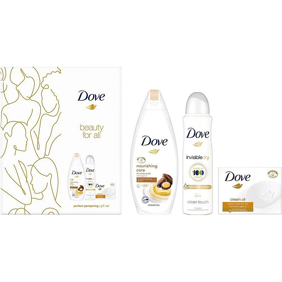Dove Beauty For All Nourishing Care sprchový gel 250 ml + Invisible Dry antiperspirant deodorant sprej 150 ml + Cream Oil Moroccan Argan Oil toaletní mýdlo 100 g, kosmetická sada