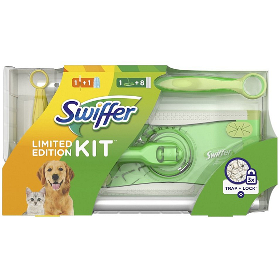 Swiffer 2v1 Kit mop + náhradní prachovka na podlahu 8 kusů + násada malá + prachovka 1 kus, sada