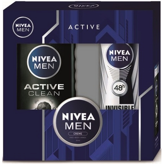 Nivea Men Active Clean sprchový gel 250 ml + Black & White Power antiperspirant sprej 150 ml + Men krém 30 ml, kosmetická sada