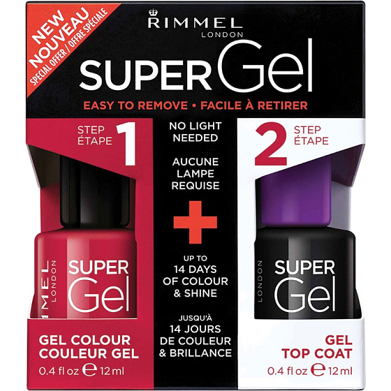Rimmel London Super Gel by Kate lak na nehty 024 Red Ginger 12 ml + Super Gel Top Coat krycí lak na nehty 001 Transparent 12 ml, duopack