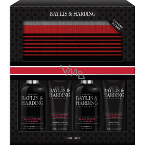 Baylis & Harding Men Černý pepř a Ženšen mycí gel na tělo a vlasy 300 ml + sprchový gel 300 ml + balzám po holení 130 ml + mycí gel na obličej 130 ml + šála, kosmetická sada
