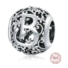 Zawieszka ze srebra próby 925 Koralik alfabet litera B z kwiatami, koralik do bransoletki Zawieszka ze srebra próby 925 Koralik alfabet litera B z kwiatami, koralik do bransoletki