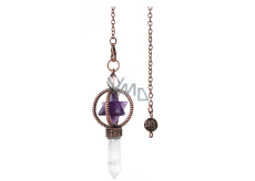 Ametyst Merkaba wahadło + kryształ górski + brąz, zawieszka z naturalnego kamienia 7,7 cm, łańcuszek ok. 26,5 cm