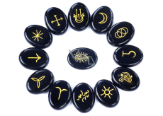 Obsidian Runové abecedy oválný přírodní kámen, 15 x 20 mm 13 kusů Písmena, posvátný symbol, léčivý drahokam, kámen záchrany