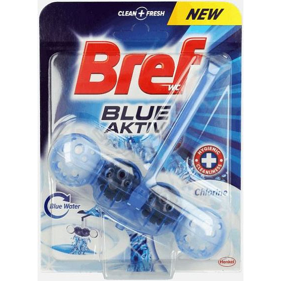 Bref Blue Aktiv Chlorine WC blok pro hygienickou čistotu a svěžest Vaší toalety, obarvuje vodu do modrého odstínu 50 g
