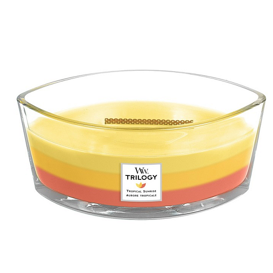 WoodWick Trilogy Tropical Sunrise - Tropický východ slunce vonná svíčka s dřevěným širokým knotem a víčkem loď 453 g