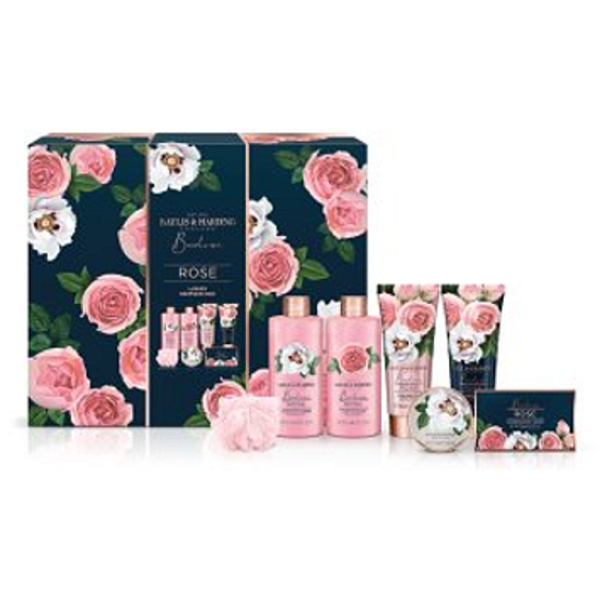 Baylis & Harding Čerstvé růže sprchový gel 300 ml + pěna do koupele 300 ml + mléko na tělo a ruce 130 ml + mycí gel 130 ml + toaletní mýdlo 100 g + koupelové krystalky 100 g + žínka, kosmetická sada
