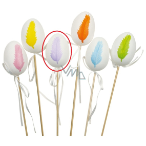 Vajíčko plastové bílé, fialové peříčko zápich 6 cm + špejle Vajíčko plastové bílé, fialové peříčko zápich 6 cm + špejle