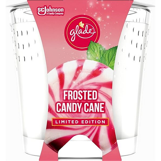 Glade Frosted Candy Cane s vůní vanilkového krému a peprmintu vonná svíčka ve skle, doba hoření až 32 hodin 129 g