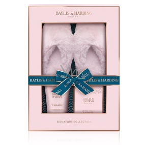 Baylis & Harding Jojoba, wanilia & olej migdałowy krem do stóp 140 ml + sól do kąpieli stóp 100 g + kapcie imitujące skórę, zestaw kosmetyczny dla kobiet