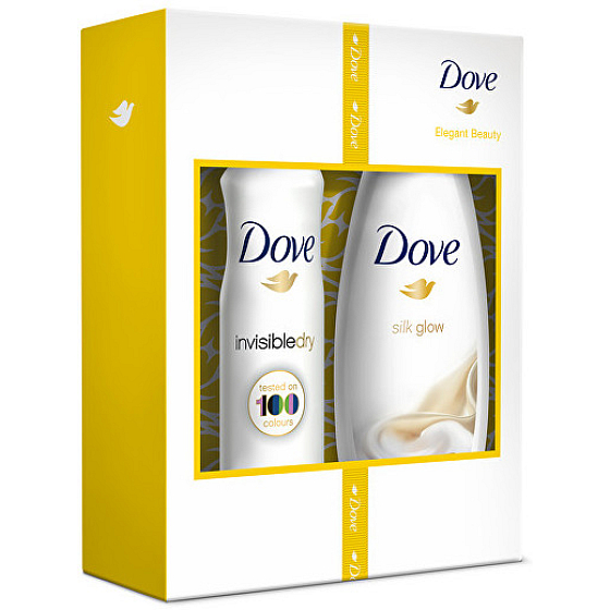 Dove Silk Glow vyživující sprchový gel 250 ml + Invisible Dry antiperspirant sprej 150 ml, kosmetická sada