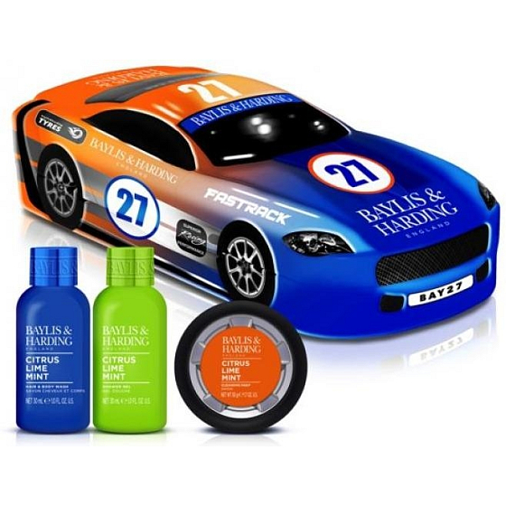 Baylis & Harding Citrus, Limetka a máta sprchový gel na tělo a vlasy 30 ml + sprchový gel 30 ml + tuhé mýdlo 50 g + závodní auto, kosmetická sada pro muže