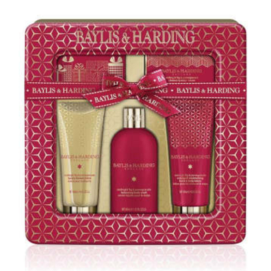 Baylis & Harding Fík a Granátové jablko tekuté tělové mýdlo 300 ml + sprchový krém 130 ml + mýdlo 150 g + krém na ruce a tělo 130 g + ručníček, v plechové dóze kosmetická sada