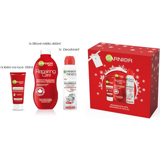 Garnier Repairing Care regenerační tělové mléko 400 ml + regenerační krém na ruce 100 ml + Magnesium Ultra Dry antiperspirant 150 ml, kosmetická sada