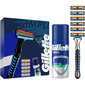 Gillette Soothing Sensitive gel na holení s aloe vera 75 ml + Sensor3 pánský holicí strojek 1 kus + náhradní hlavice 6 kusů, kosmetická sada pro muže