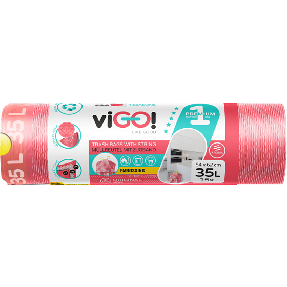 viGO! Premium worki na odpady z zamykaczem, perfumowane, 26 µ, 54 × 62 cm, 35 l, 15 szt.