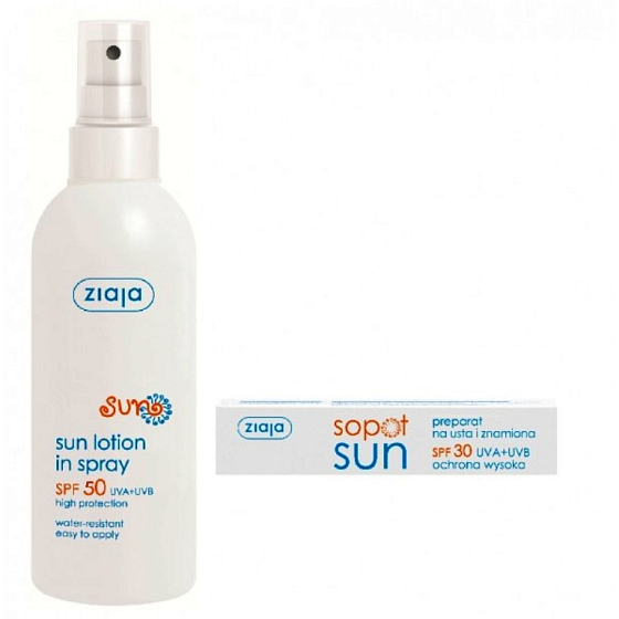 Ziaja Sun SPF 50+ UVA/UVB voděodolné opalovací mléko sprej 170 ml + Sopot Sun SPF 30 krém na rty a znaménka 15 ml, duopack