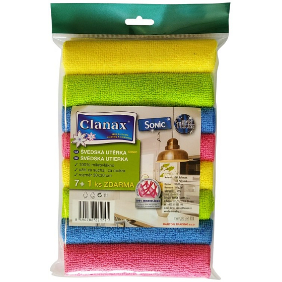 Clanax Sonic Szwedzka ściereczka z mikrofibry, mix kolorów 30 x 30 cm 180 g/m2 8 sztuk