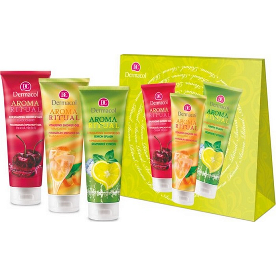 Dermacol Aroma Ritual Mandarinkový sorbet Povznášející sprchový gel 250 ml + sprchový gel Černá třešeň 250 ml + sprchový gel Rozpustilý citron 250 ml, kosmetická sada