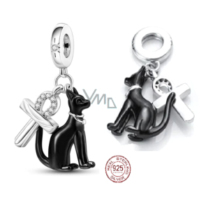 Zawieszka ze srebra próby 925 czarna egipska kotka i ankh, charms do bransoletki symbol