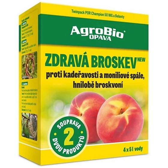 AgroBio Zdravá broskev – Champion 50 WG + Belanty, sada proti kadeřavosti, moniliové spále a hnilobě broskvoní, 4 × 5 l
