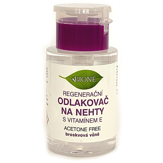 Bione Cosmetics Witamina E brzoskwiniowy bezacetonowy regenerujący zmywacz do paznokci z pompką 180 ml