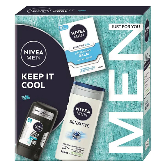 Nivea Men Keep it Cool Sensitive balsam po goleniu 100 ml + Nivea Invisible Black & White Fresh antyperspirant w sztyfcie 50 ml + Nivea Men Sensitive żel pod prysznic 250 ml, zestaw kosmetyków dla mężczyzn