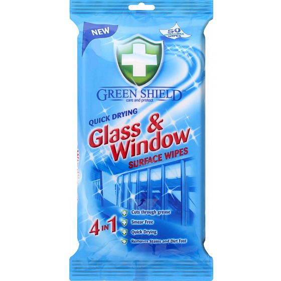 Green Shield 4v1 Okna a skleněné povrchy vlhčené čistící ubrousky 50 kusů