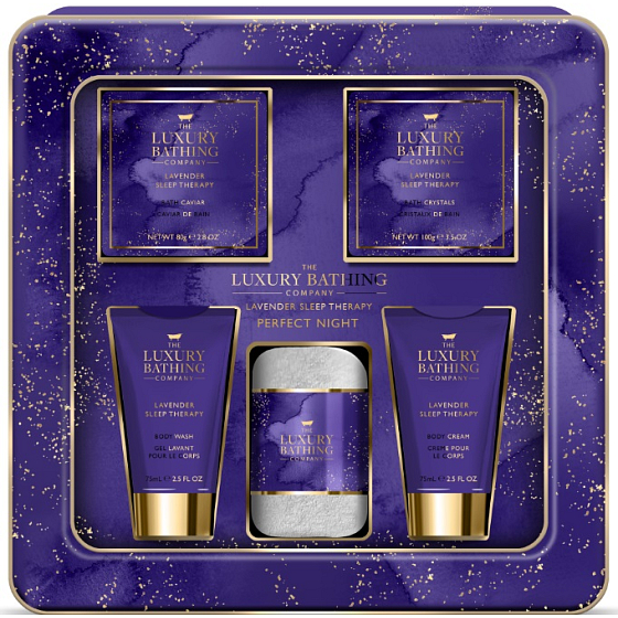 Grace Cole Lavender Sleep Therapy mycí gel 75 ml + tělový krém 75 ml + krystaly do koupele 100 g + perly do koupele 80 g + flanelová žínka + plechová krabička, kosmetická sada pro ženy