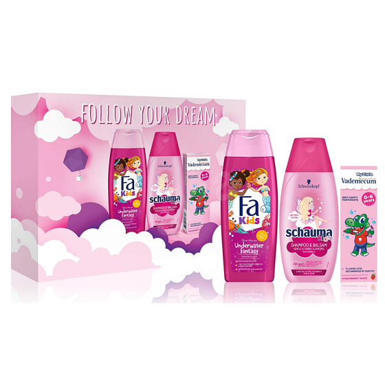 Fa Kids Mořská panna sprchový gel 250 ml + Schauma Kids šampon a balzám na vlasy 250 ml + Vademecum Junior Jahoda zubní pasta pro mléčné zuby 50 ml, kosmetická sada pro děti