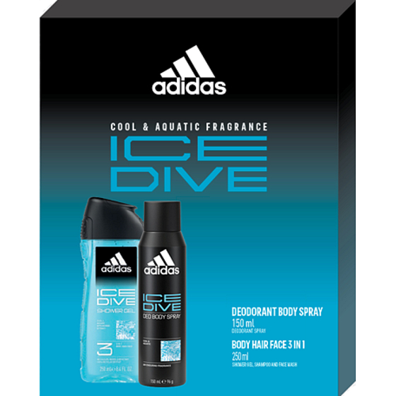 Adidas Ice Dive deodorant sprej 150 ml + 3v1 sprchový gel na tělo, tvář a vlasy 250 ml, kosmetická sada pro muže