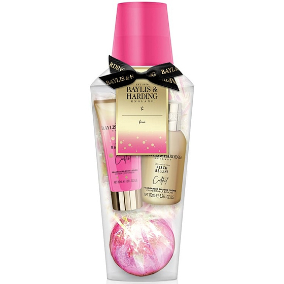 Baylis & Harding Koktejlová hodina Malinová růže šumivý balistik do koupele 140 g + Broskvové Bellini sprchový krém 100 ml + Malinová růže tělové mléko 30 ml, kosmetická sada