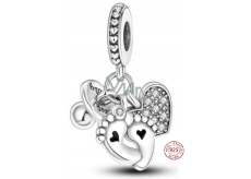 Charm Srebrna 925 Moje dziecko 3w1 serce, odcisk stóp, smoczek, zawieszka na bransoletkę rodzina