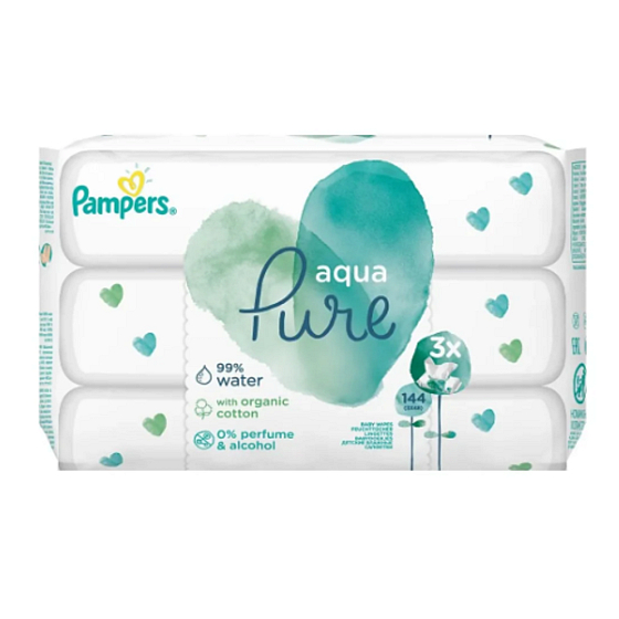 Pampers Pure Aqua vlhčené ubrousky z bio bavlny, bez alkoholu a parfemace pro děti 3 x 48 kusů