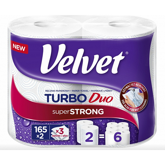 Velvet Turbo Duo ręczniki papierowe 3-warstwowe, 165 kawałków, 36,3 m na rolce, 2 rolki