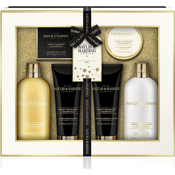 Baylis & Harding Sladká mandarinka a Grapefruit mycí gel 300 ml + koupelové mléko 300 ml + toaletní mýdlo 150 g + sprchový krém 130 ml + tělové mléko 130 ml + sůl do koupele 100 g, kosmetická sada