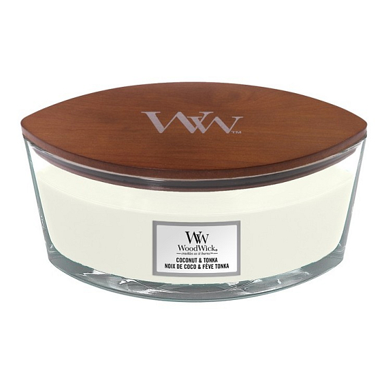 WoodWick Coconut & Tonka - Kokos a tonka boby vonná svíčka s dřevěným širokým knotem a víčkem sklo loď 453 g