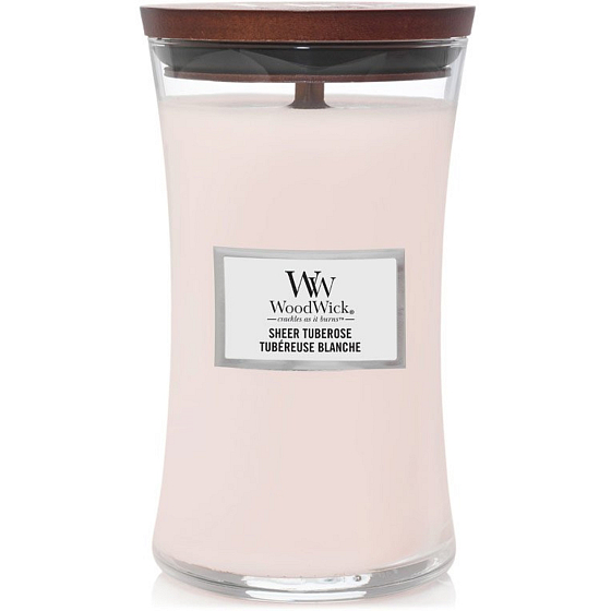 WoodWick Sheer Tuberose - Delikatna tuberoza świeca zapachowa z drewnianym knotem i szklanym pojemnikiem o pojemności 609,5 g