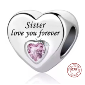 Charm Srebrna 925 Siostra cię kocha zawieszka serce, koralik na bransoletkę rodzina