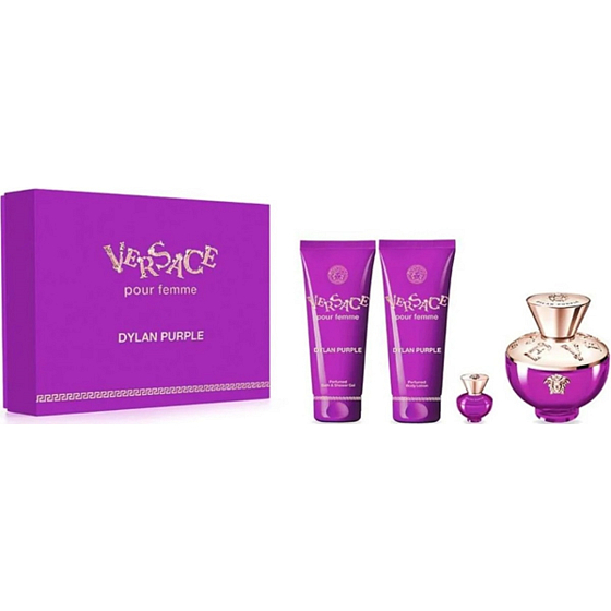 Versace Dylan Purple parfémovaná voda 100 ml + tělové mléko 100 ml + sprchový gel 100 ml + parfémovaná voda miniatura 5 ml, dárková sada pro ženy