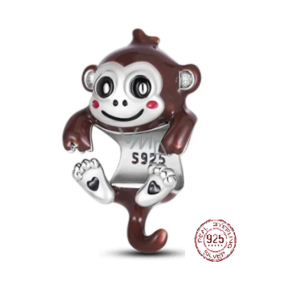 Zawieszka ze srebra 925 Sterlingowa Małpka z dwoma sercami, koralik do bransoletki Zawieszka ze srebra 925 Sterlingowa Małpka z dwoma sercami, koralik do bransoletki