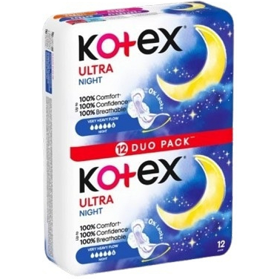 Kotex Ultra Night Duo Pack wkładki higieniczne dla kobiet, 12 szt.