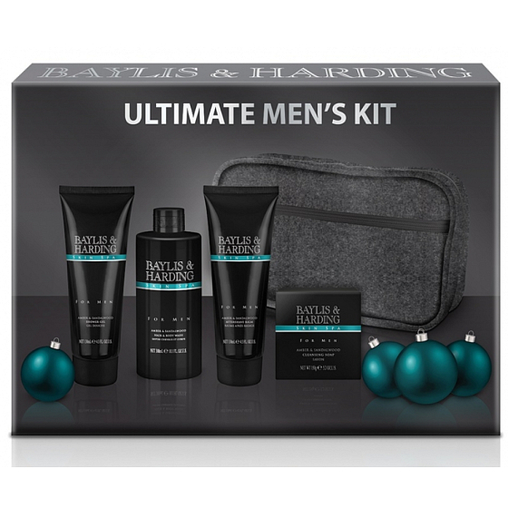Baylis & Harding Men Jantar a Santalové dřevo tekuté mýdlo na tělo i vlasy 300 ml + mýdlo 150 g + balzám po holení 130 ml + sprchový gel 130 ml + šedá toaletní taška kosmetická sada pro muže