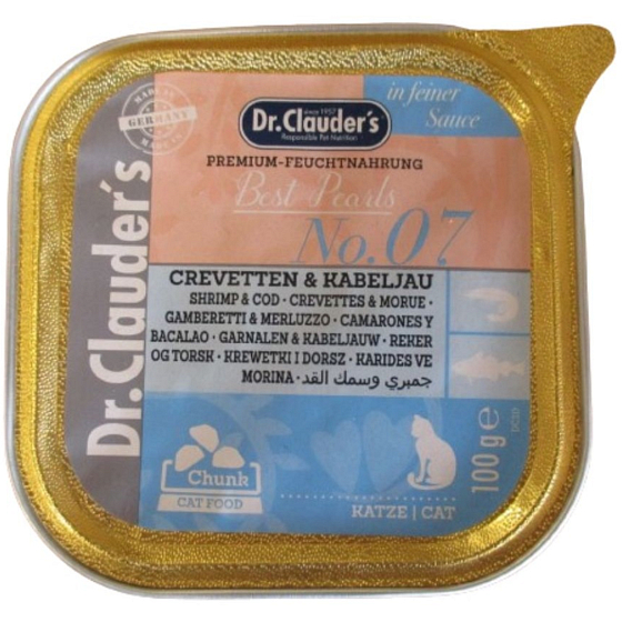 Dr. Clauders Kreveta a treska s kousky masa kompletní krmivo pro kočky 100 g