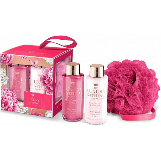 Grace Cole Pink Peony & Vetiver sprchový gel 100 ml + tělové mléko 100 ml + koupelová žínka, kosmetická sada